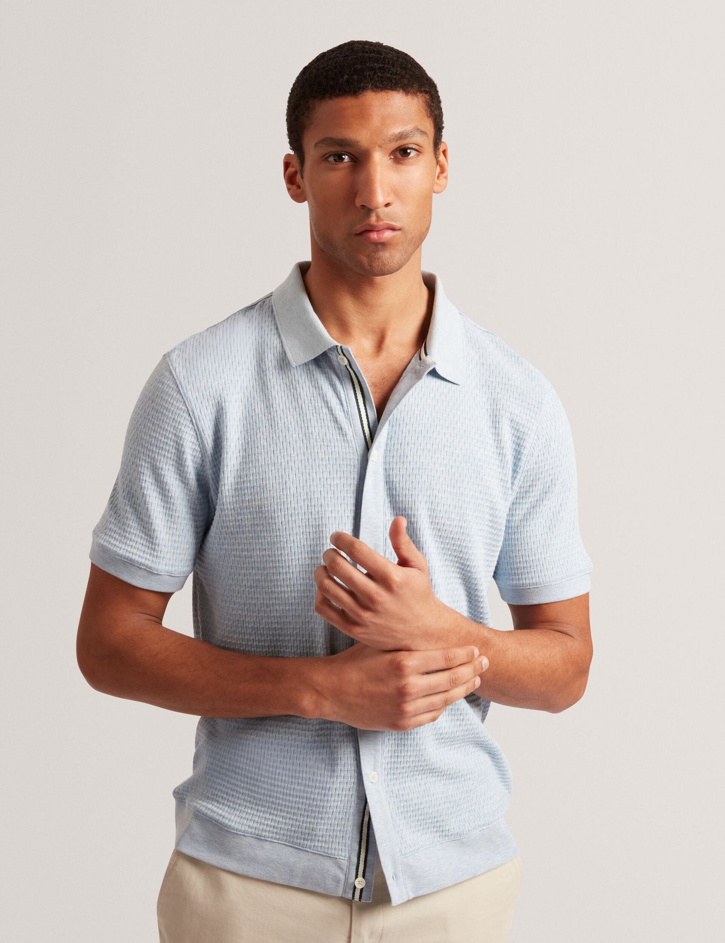 Ted Baker CONNYR Textured Knit Button-Through Polo Shirt in Mid Blue