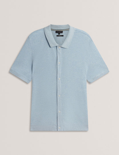 Ted Baker CONNYR Textured Knit Button-Through Polo Shirt in Mid Blue