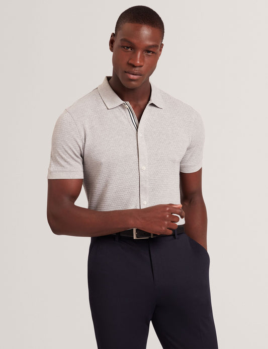 Ted Baker CONNYR Textured Knit Button-Through Polo Shirt in Light Grey