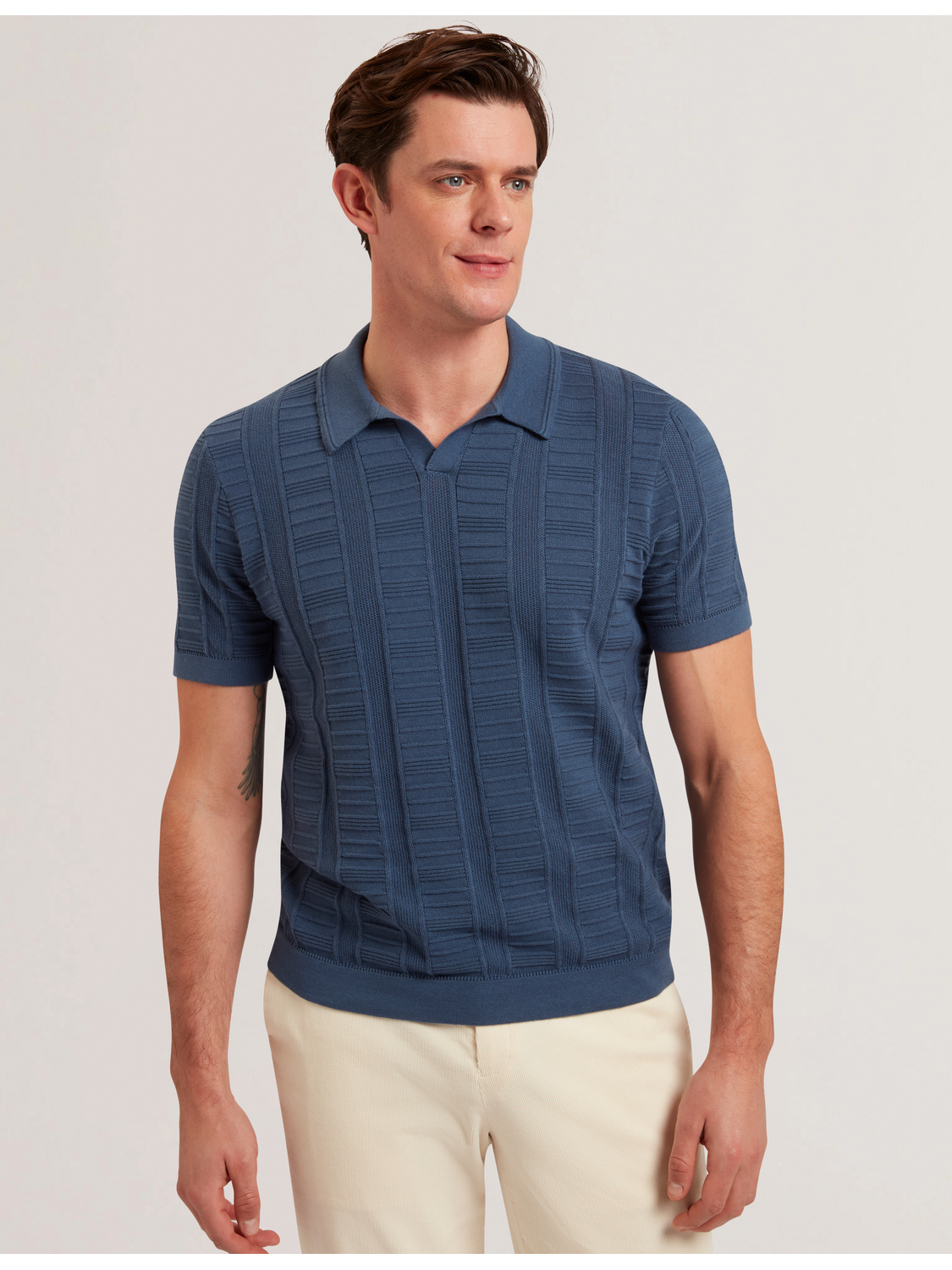 Ted Baker RUZZA - Textured Stripe Open Neck Knitted Polo Shirt