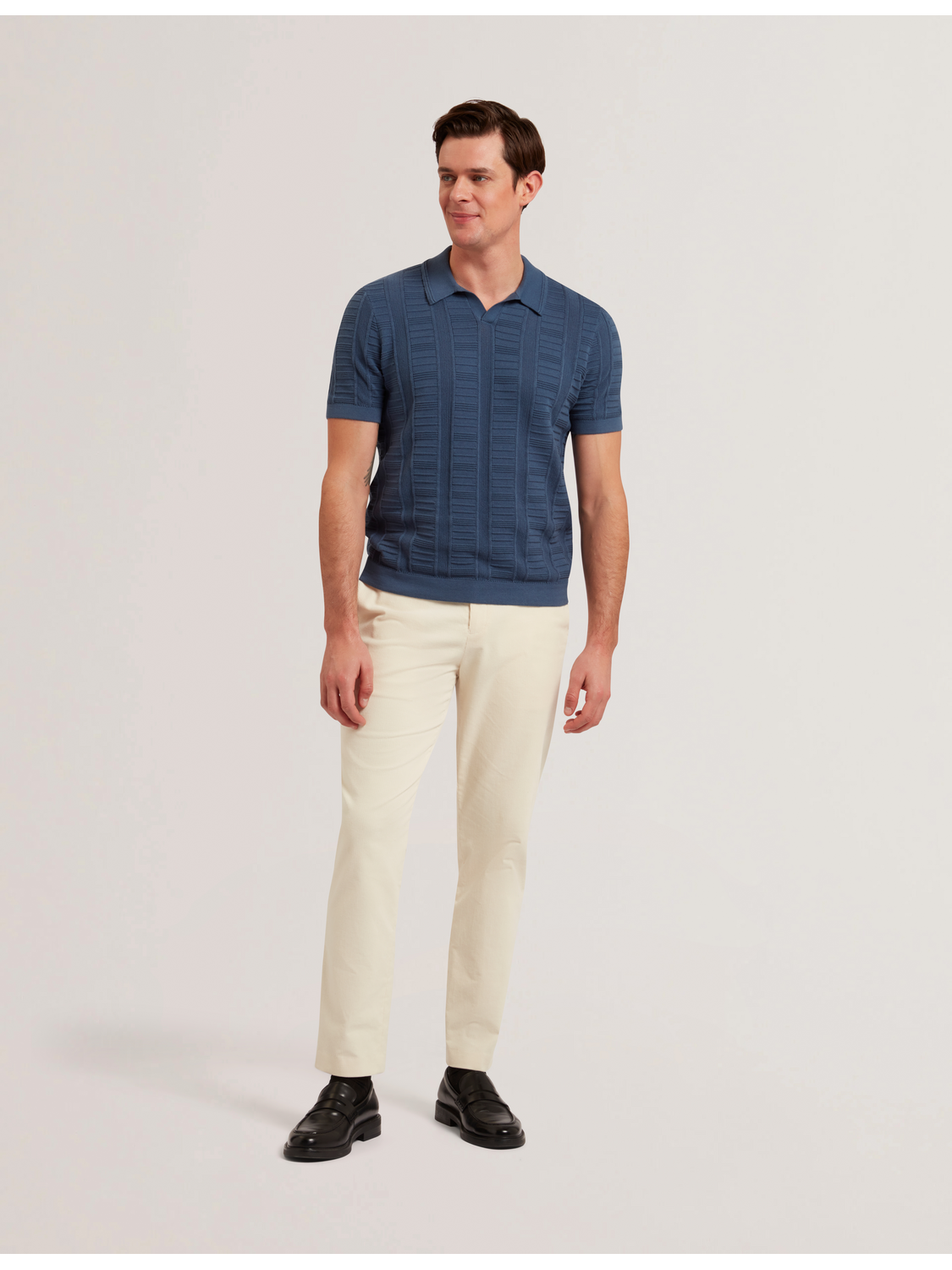 Ted Baker RUZZA - Textured Stripe Open Neck Knitted Polo Shirt