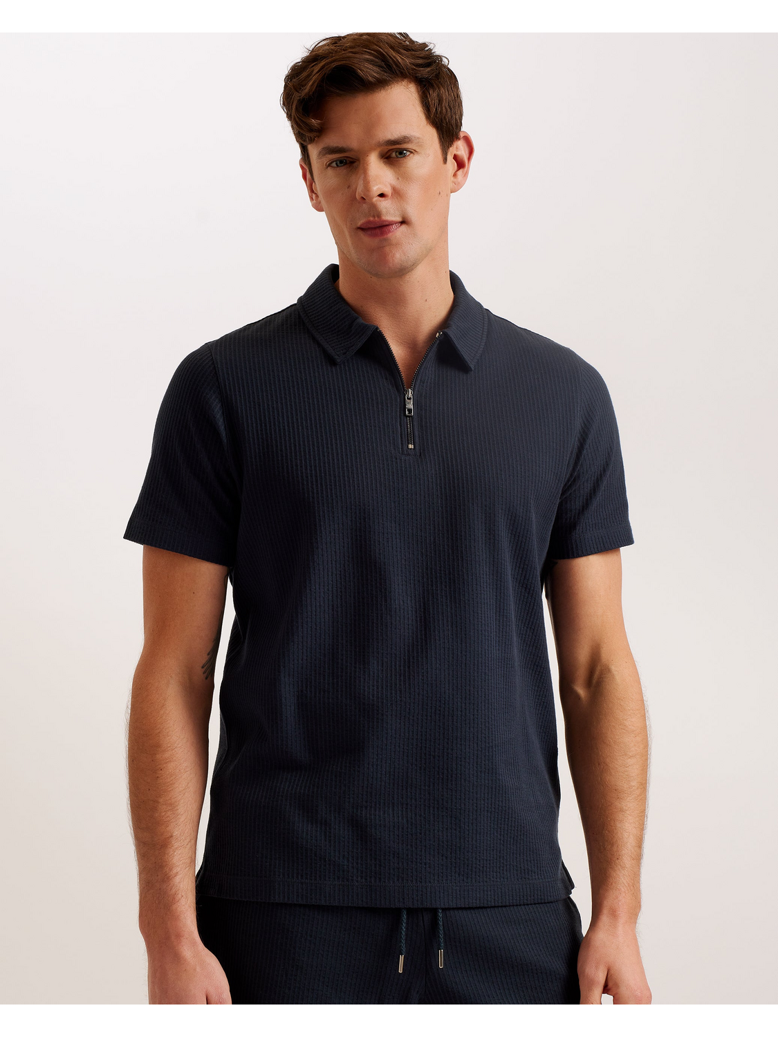 Ted Baker ZARKES - Ribbed Texture Zip Neck Cotton Polo Shirt