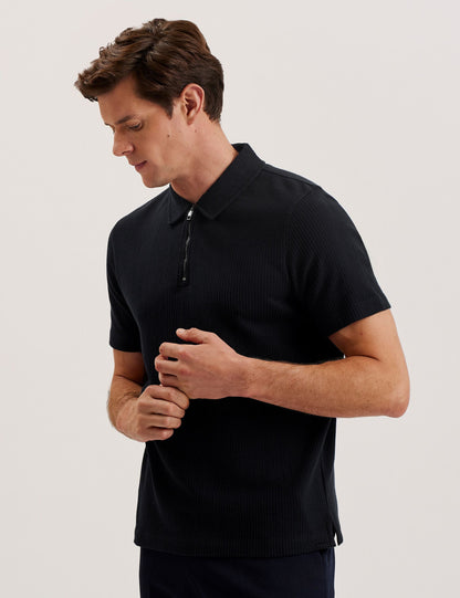 Ted Baker ELGRAVE - Ribbed Cotton Zip Neck Polo Shirt